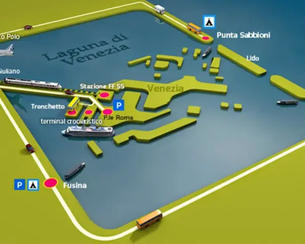 Mapa Wenecji i okolic: lotnisko Marco Polo, stacja kolejowa, terminal promowy, Punta Sabbioni, Lido, Chioggia. Dojazd z Treviso.