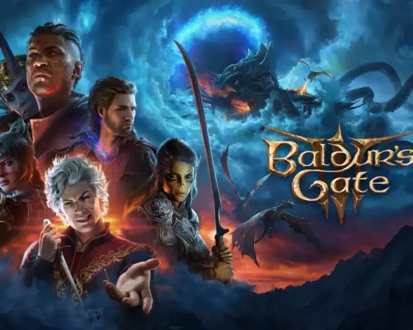 Postacie z Baldur's Gate 3, w tym Minthara, na tle mrocznego, burzowego nieba z smokami i logo gry.