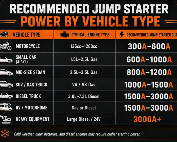 Chart shows how many amps to start a semi truck: 1500A-3000A for diesel trucks, and 3000A+ for heavy equipment.