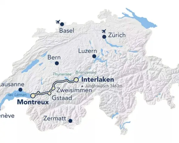 Map showing the scenic Golden Pass train route from Interlaken to Montreux, passing through Zweisimmen and Gstaad.