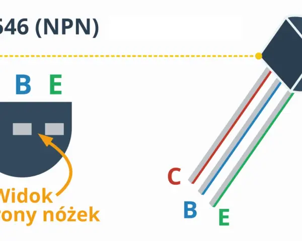 Schemat pokazuje tranzystor bipolarny BC546 (NPN) z wyprowadzeniami C, B, E. Widok od strony nóżek ułatwia identyfikację.