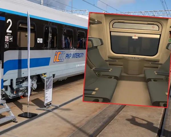 Nowy wagon PKP Intercity z wygodnymi siedzeniami i dużym oknem.