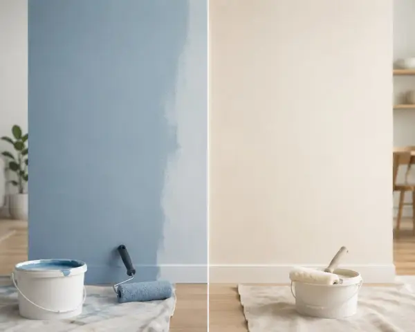 Pittura lavabile: un lato blu, un lato beige, con secchi e rulli. Valutare i pro e contro per la tua casa.