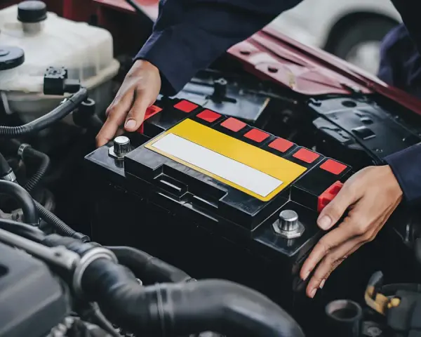 Mechaniker tauscht Batterie aus, da die Lichtmaschine defekt oder die Batterie leer ist.
