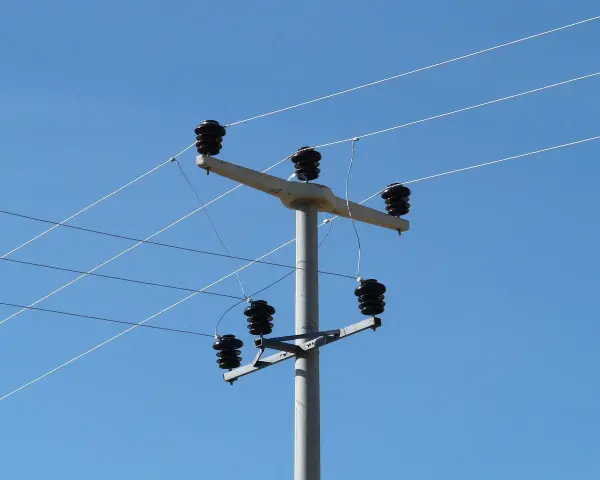 Słup energetyczny z izolatorami, na którym widać przewody elektryczne. Taryfa B23 może być związana z takim właśnie zasilaniem.