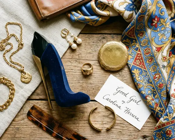 Elegancki zestaw: perfumy damskie bucik, złota biżuteria, jedwabna apaszka i brązowy portfel.
