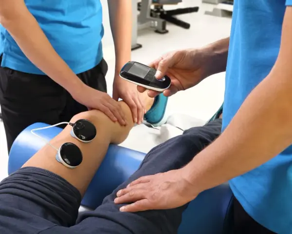 Badanie EMG to badanie przewodnictwa nerwowego. Fizjoterapeuta podłącza elektrody do nogi pacjenta, aby ocenić funkcję mięśni i nerwów.