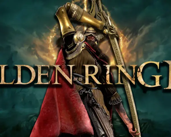 Un guerrero con armadura dorada y capa roja levanta un arma imponente. El título "ELDEN RING II" se cierne sobre la escena, sugiriendo una nueva aventura épica.