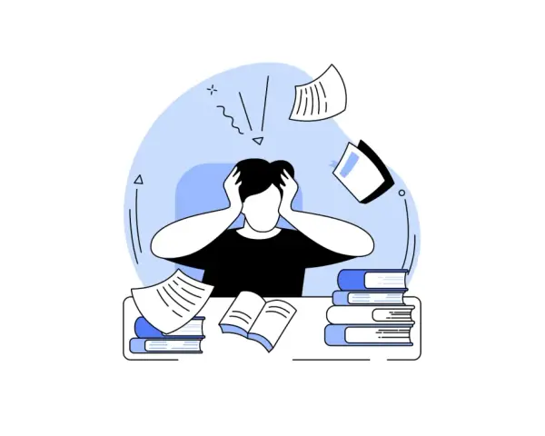 Überforderter Student mit Büchern und Papieren, der versucht, sein Englisch zu verbessern.