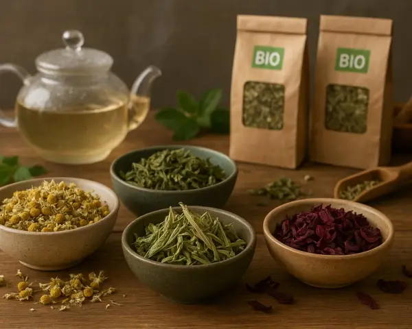 Comment faire une tisane : théière fumante, bols de camomille, verveine, hibiscus et herbes bio.
