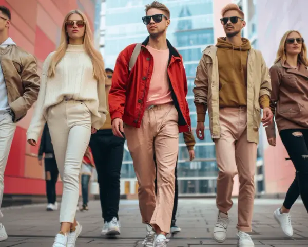 Grupa młodych ludzi w modnych stylizacjach, każdy prezentuje swój unikalny outfit.