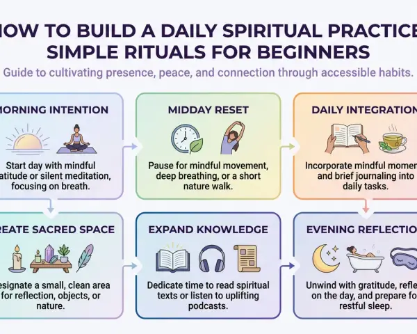 A guide on how to do a ritual for beginners, featuring morning intention, midday reset, daily integration, creating sacred space, expanding knowledge, and evening reflection.