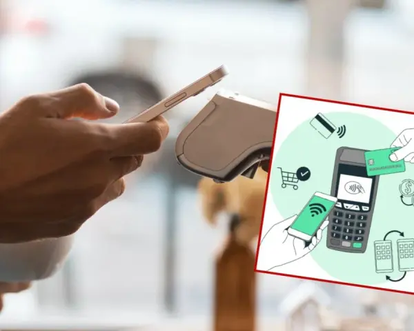 Płatność zbliżeniowa telefonem. Dwie dłonie zbliżają smartfony do terminala płatniczego, pokazując wygodę i szybkość transakcji.