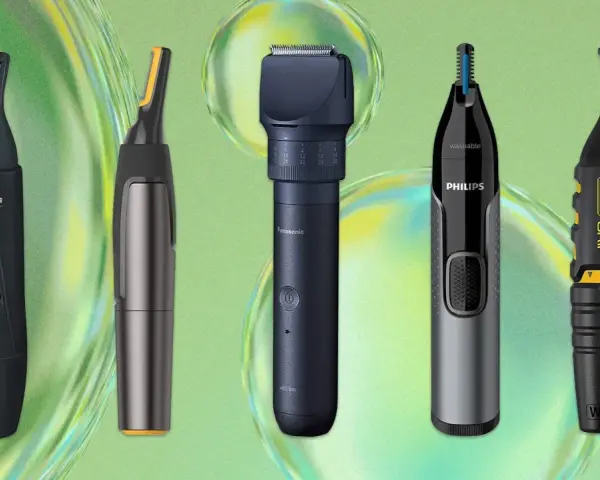 Cinco recortadoras para eliminar pelos en la nariz, de marcas como Philips y Wahl, sobre un fondo verde abstracto.