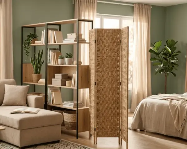 Un dormitorio integrado en el salón, con un sofá, estanterías y una cama separada por un biombo de fibras naturales.
