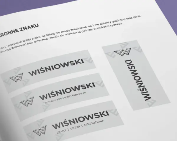 Logo Wiśniowski w kontrze, prezentujące różne warianty i zastosowania znaku.