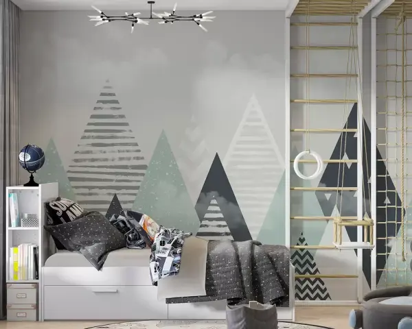 Habitación infantil con pared que simula pintar montañas, cama, estantería y zona de juegos con columpio.