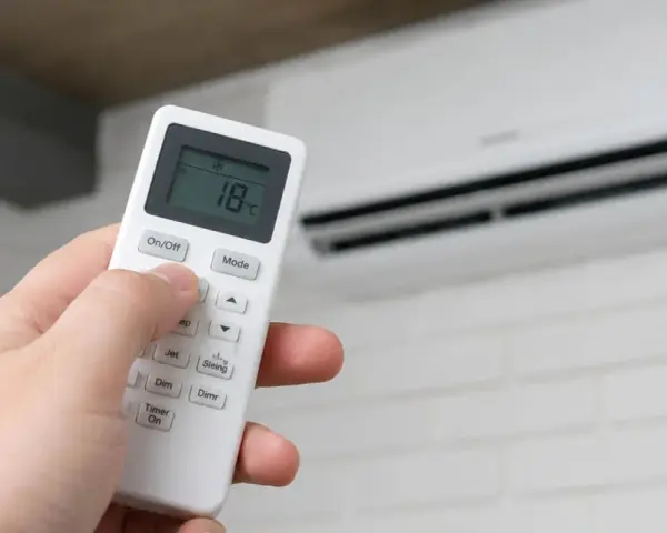 Mano ajustando el control remoto del aire acondicionado por la noche a 18 grados.