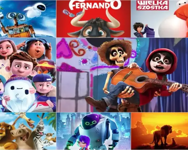 Kolaż z bohaterami WALL-E, Ferdynanda, Wielkiej Szóstki, Ronin, Coco, Madagaskaru, a także Króla Lwa. Te **stare bajki dla dzieci** to klasyka animacji.