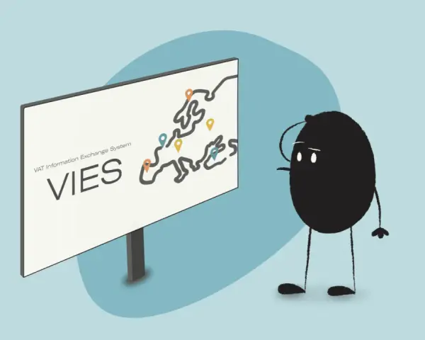 Un personaje negro mira un cartel que dice "VIES VAT Information Exchange System" y un mapa de Europa. ¿Qué es el VAT?