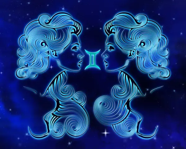 Dwie stylizowane głowy patrzą na siebie, symbolizując gemini znak zodiaku. Neonowe linie tworzą ich rysy na tle nocnego nieba.