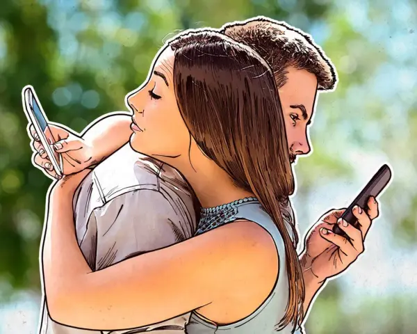 Para przytulająca się, ale każdy patrzy w swój telefon. Czy to miłość przez internet, czy po prostu brak uwagi?