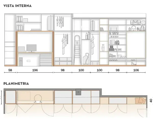 Vista interna e planimetria di un armadio su misura, che dimostra come una casa di 80 mq possa essere piccola ma funzionale.