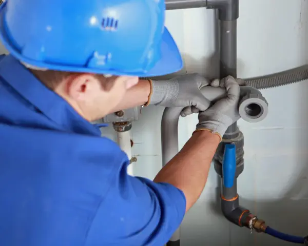 Instalator w niebieskim kasku i rękawicach montuje elementy instalacji kanalizacyjnej.