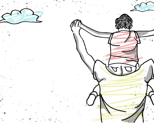 Un niño en hombros de su padre, un tierno dibujo para el día del padre, con nubes y salpicaduras.