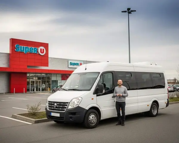 Un homme pose à côté d'un minibus 9 places permis B, devant un Super U.