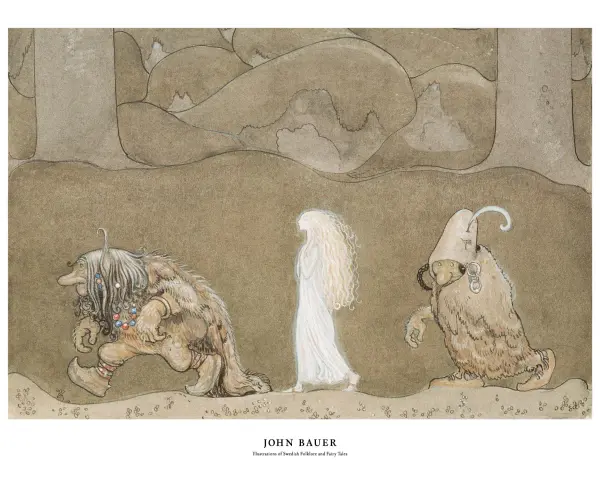 John Bauer namalował tę scenę z baśni: troll z naszyjnikiem i dziewczyna w bieli idą przez las.