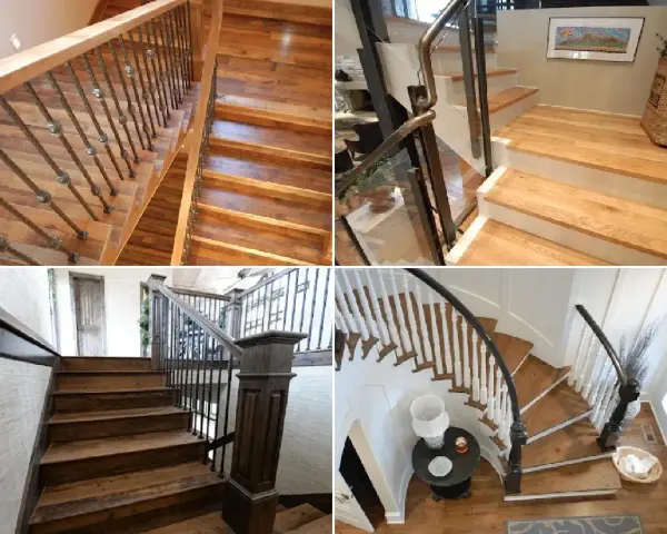 Varias escaleras de interior de obra, con barandillas de madera y metal, y escalones de madera rústica.