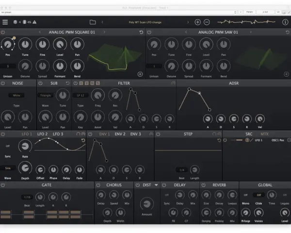 Ein Synthesizer-Interface mit Fokus auf **wavetable synthesis**. Regler für Oszillatoren, Filter, Hüllkurven und Effekte sind sichtbar.
