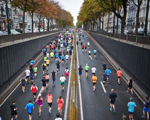 Stor grupp löpare i en stadsgata, många deltagare som springer maraton.