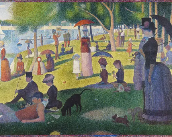 Niedzielne popołudnie na wyspie Grande Jatte. Ludzie odpoczywają nad wodą, bawią się psy, żagle łodzi kołyszą się na falach.