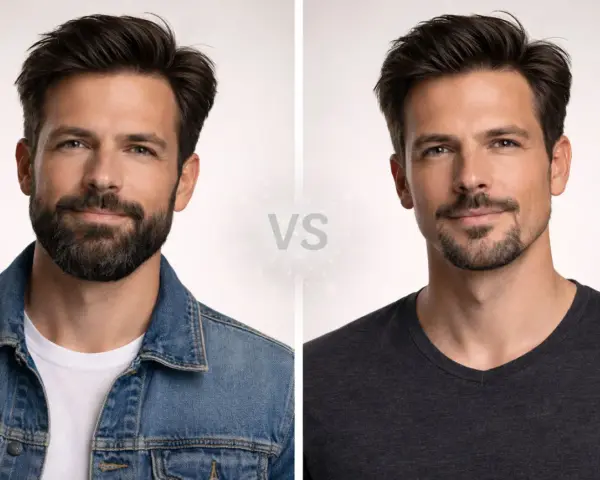 Hombre con perilla completa y barba de chivo. Comparativa de estilos de vello facial masculino.