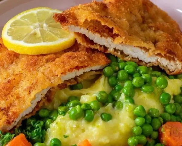 Pyszne schabowe z piekarnika, podane z puree ziemniaczanym, groszkiem i marchewką. Całość ozdobiona plasterkiem cytryny.