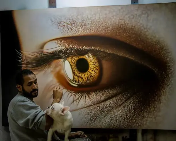 Un artiste achève une peinture hyperréaliste d'un œil doré, son bouledogue français curieux observant le processus créatif.