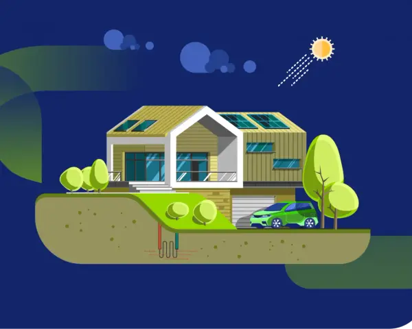 Casa moderna con pannelli solari, auto elettrica e sistema geotermico. L'efficientamento energetico significato in un'immagine.