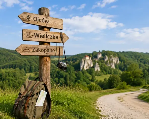Drewniany drogowskaz z napisami Ojców, Wieliczka, Zakopane. Plecak i aparat sugerują wycieczki z Krakowa.