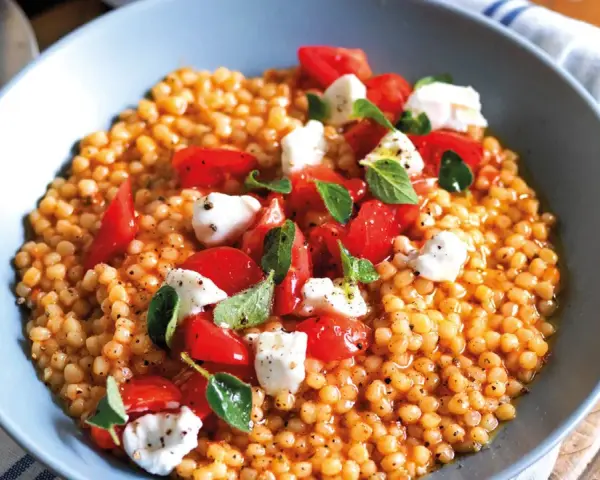 Fregola con pomodorini freschi, mozzarella e basilico. Un piatto colorato e gustoso, perfetto per le tue fregola ricette semplici.