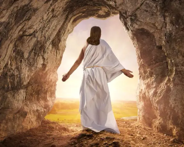 Jesus, who did Jesus raise from the dead? He rose himself, emerging from a cave into the light, a symbol of resurrection and hope.