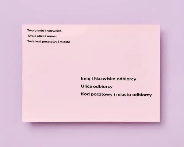 Wskazówki, jak zaadresować kopertę za granicę: dane nadawcy i odbiorcy, ulica, kod pocztowy i miasto.