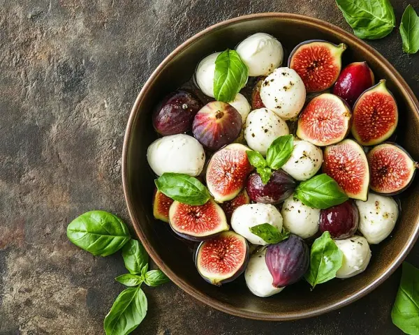 Un tazón lleno de bolitas de mozzarella fresca, higos cortados y hojas de albahaca, perfecto para ensaladas saludables.