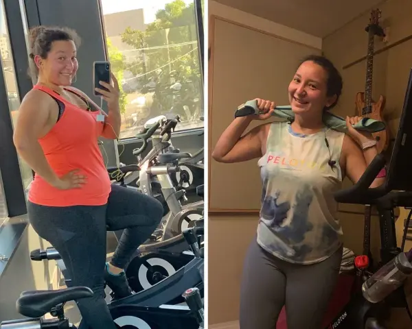 Before and after photos of a woman on an indoor cycling bike. She asks, "Will indoor cycling help me lose weight?