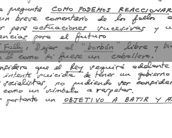 Comentarios de texto sobre cómo reaccionar ante los fallos. Se discute dejar al "borbón" libre y el intento de un rey de tener un gobierno socialista.