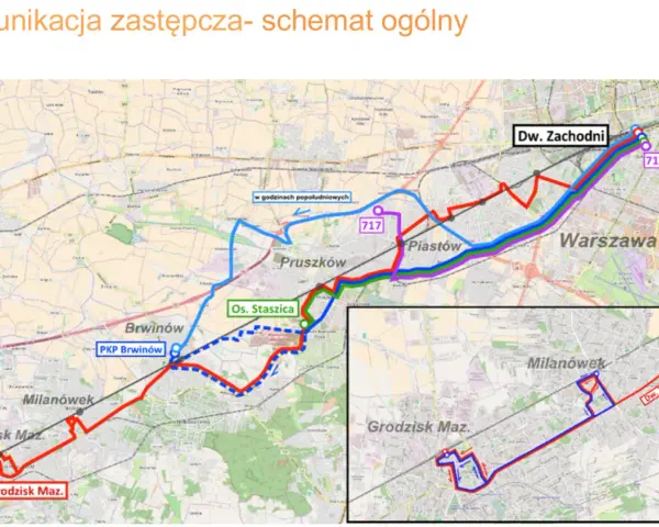 Schemat komunikacji zastępczej, w tym 717 rozkład jazdy, pokazuje trasy autobusów i pociągów między Grodziskiem Maz., Milanówkiem, Pruszkowem, Piastowem, Brwinowem a Warszawą.