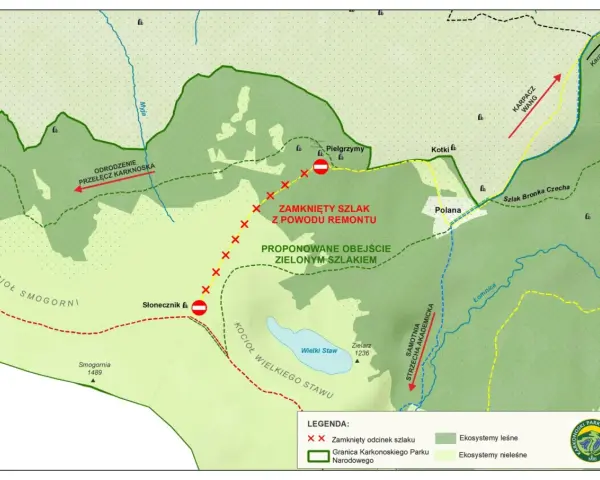 Mapa Karkonoszy z zaznaczonymi szlakami. Zamknięty odcinek szlaku z powodu remontu, proponowane obejście zielonym szlakiem.