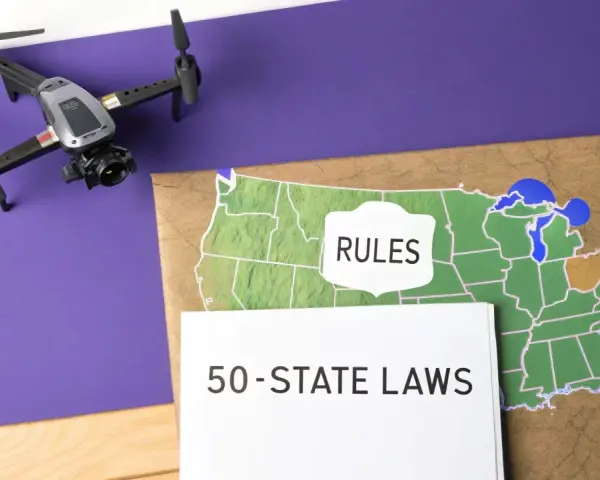 A drone sits near a map of the US with "RULES" and "50-STATE LAWS" labels, hinting at the complexity of Utah drone laws and regulations across the country.