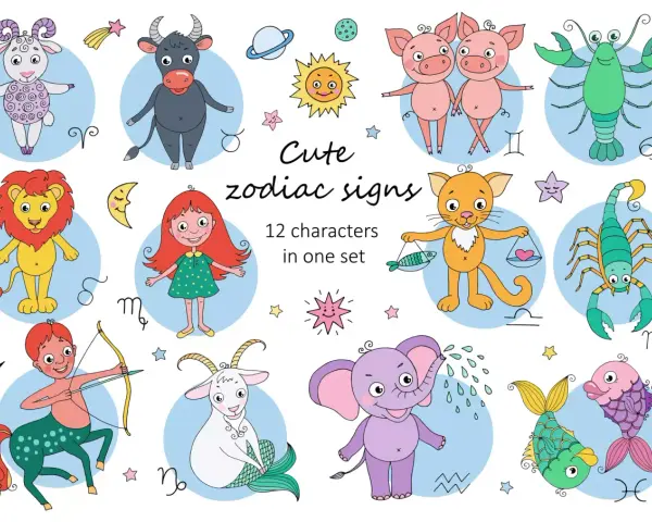 Urocze znaki zodiaku: baran, byk, bliźnięta, rak, lew, panna, waga, skorpion, strzelec, koziorożec, wodnik, ryby.